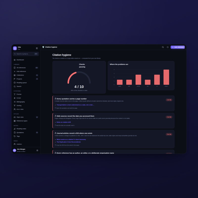 Cite citation hygiene in dark mode: ten computed checks with every offending reference linked