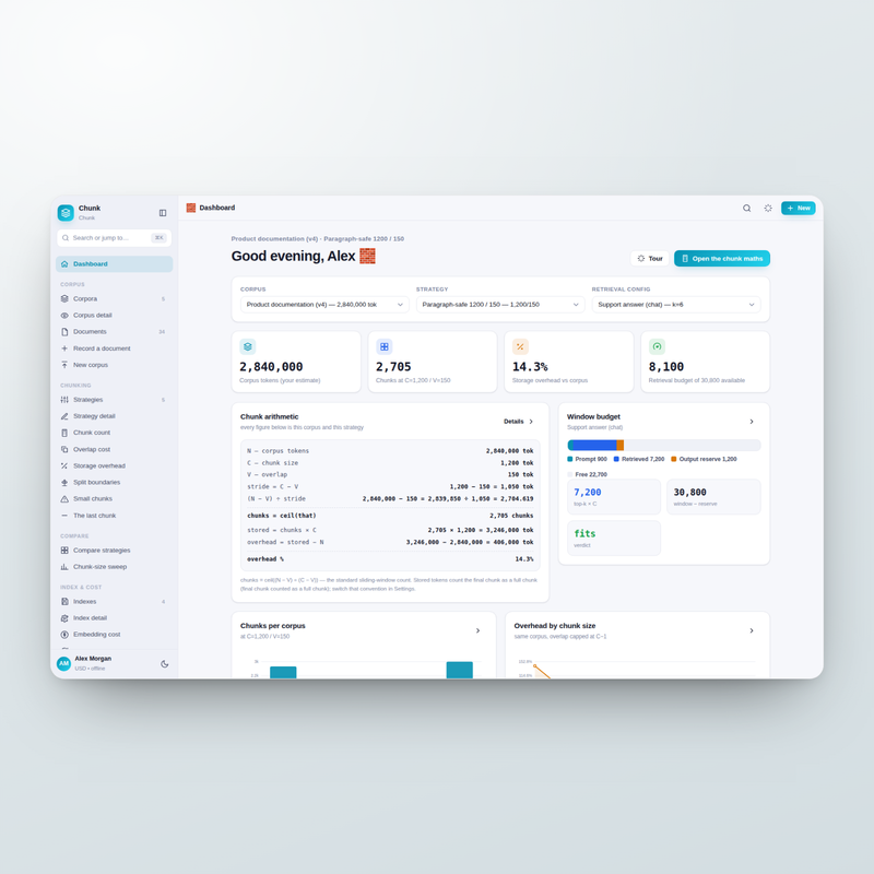 Chunk dashboard: corpus size, chunk count, storage overhead and retrieval budget