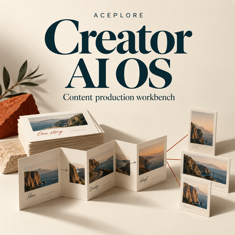 Creator AI OS — Content production workbench. Conceptual ivory and deep-petrol cover with tactile storyboard cards branching into different content formats.