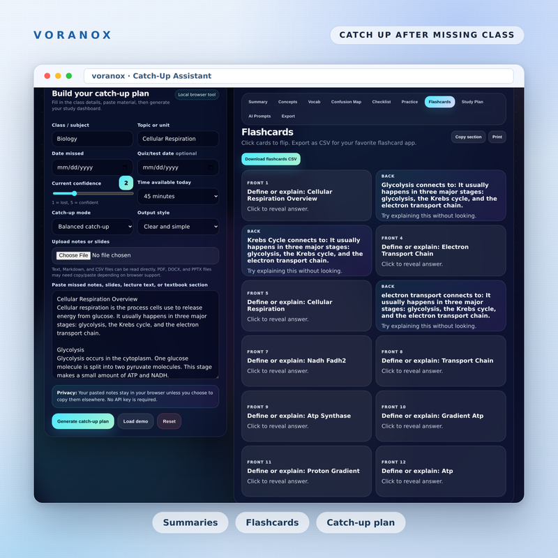 Voranox Catch-Up Assistant — flashcards