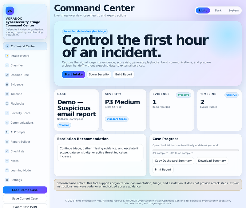Command Center dashboard with live case and severity stats