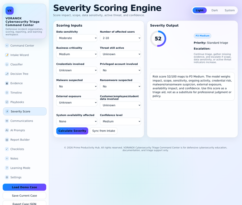 Severity Scoring Engine with risk score ring