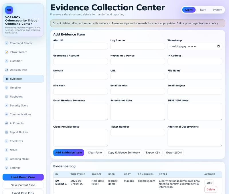 Evidence Collection Center with structured log