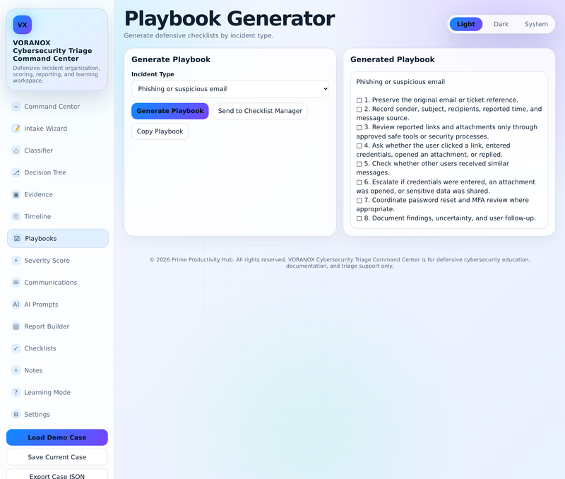 Playbook Generator with defensive response checklist