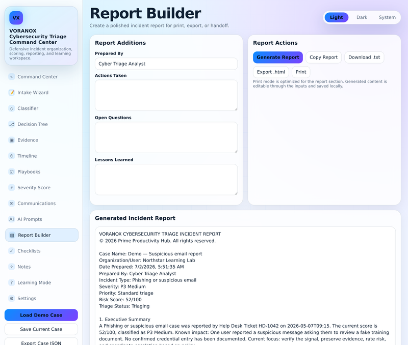 Report Builder with generated incident report
