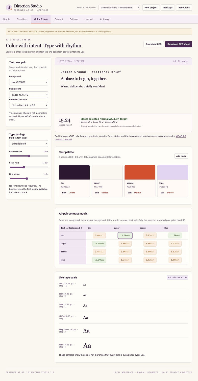 Actual Designer AI OS color and typography studio with labeled fictional example data, solid-color contrast, palette and type scale.
