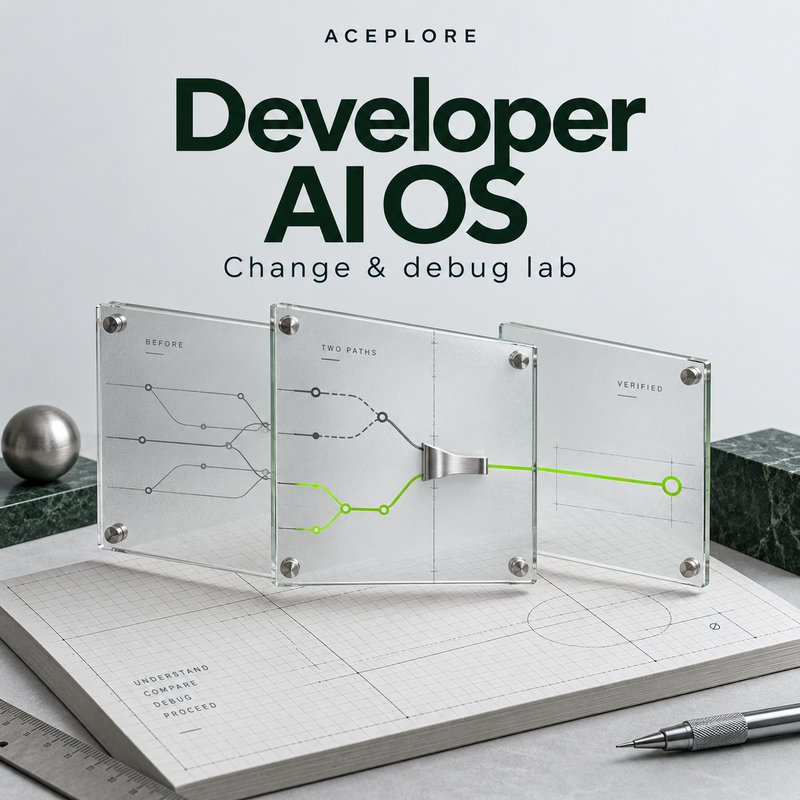 Developer AI OS — Change & debug lab. Conceptual technical drawing plates with branching change paths; not an app screenshot or certification.