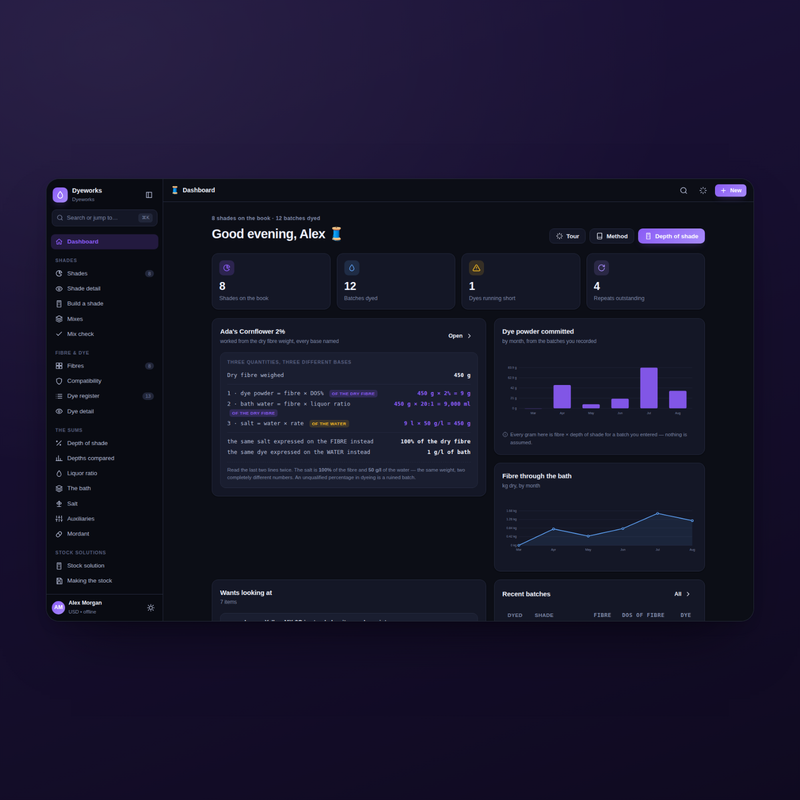 Dyeworks — dashboard, dark theme