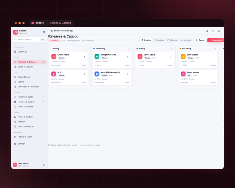 Encore — Music Manager — Releases Catalog