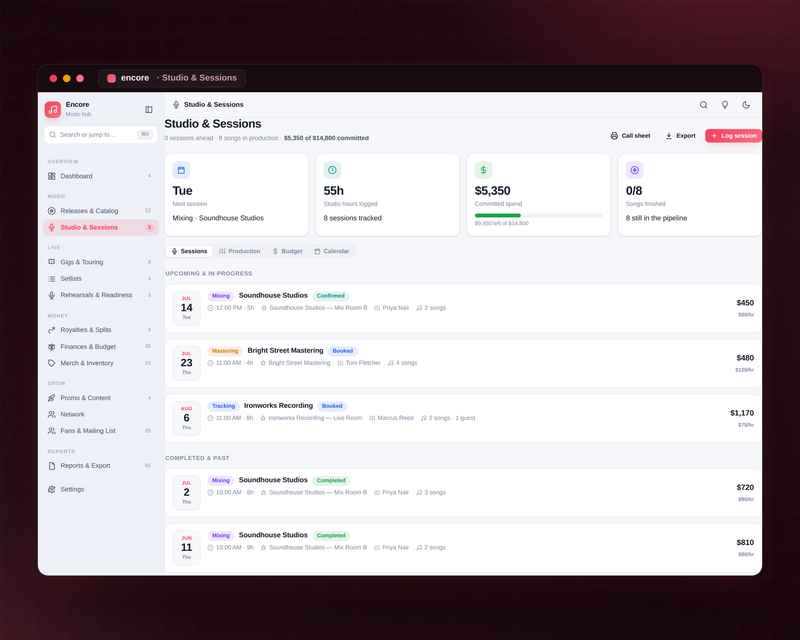 Encore — Music Manager — Studio Sessions