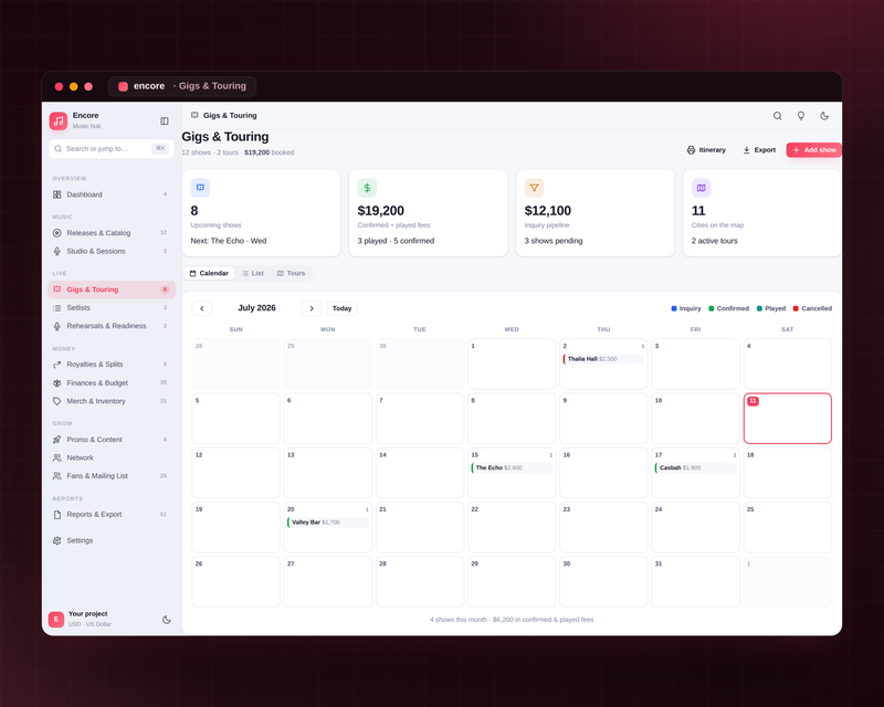 Encore — Music Manager — Gigs Touring