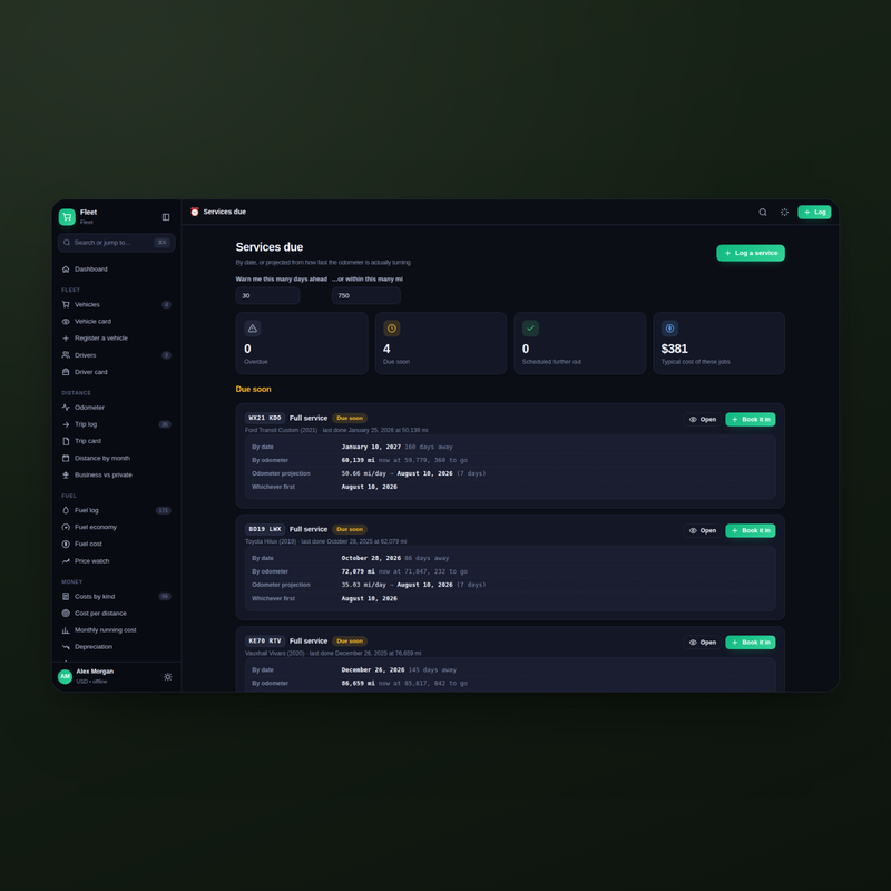 Fleet services due in dark mode: by date or by odometer projection from real readings
