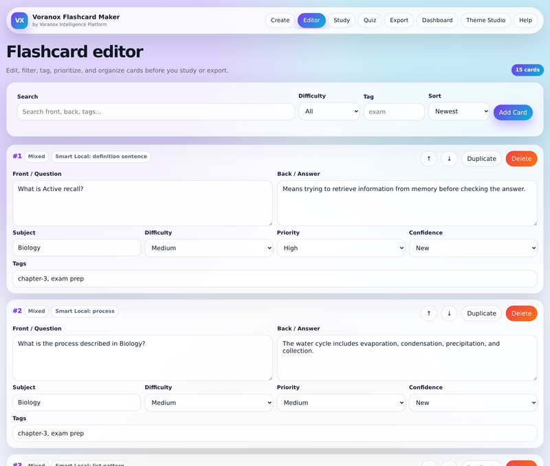 Flashcard editor with generated cards
