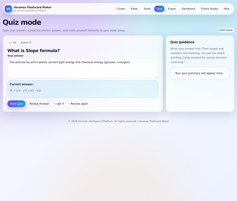 Quiz mode with self-scoring