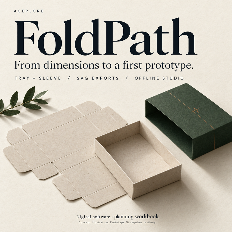 FoldPath concept illustration: an open paper tray and green sleeve. Prototype fit requires testing.