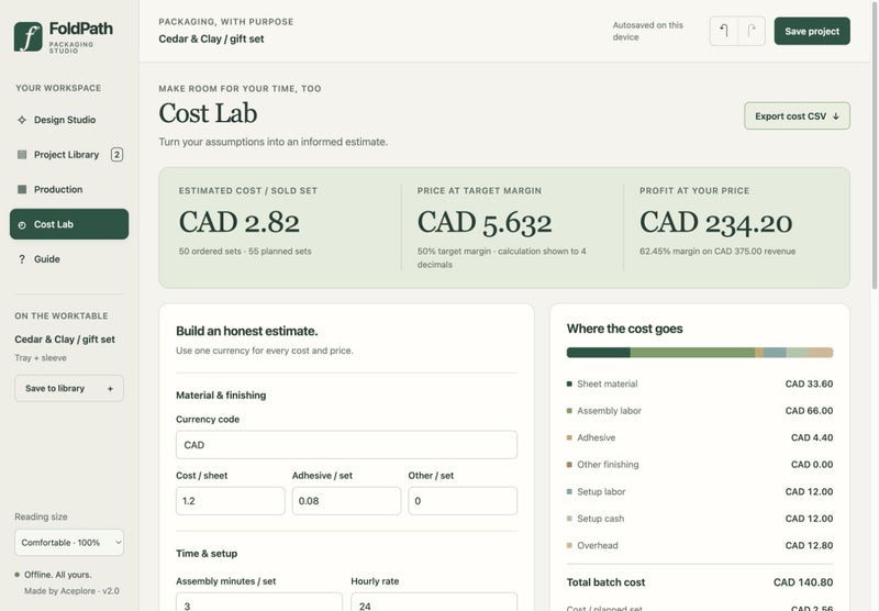 Actual FoldPath 2.0 Cost Lab with editable cost assumptions and calculated target-margin price.