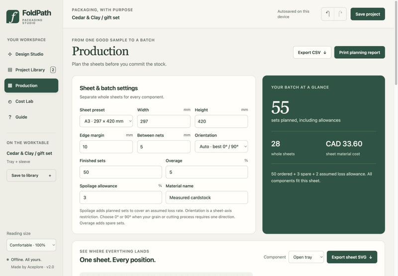 Actual FoldPath 2.0 Production view showing editable stock, overage, spoilage and whole-sheet planning.