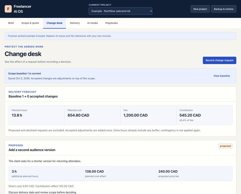 Actual Freelancer AI OS change desk showing a saved baseline, planning forecast and a proposed request excluded from totals. Fictional example data.
