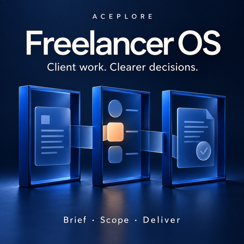 Freelancer AI OS — Client work. Clearer decisions. Abstract cover for the offline brief, scope and delivery workbench.