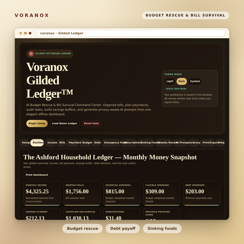 Voranox Gilded Ledger — money snapshot dashboard