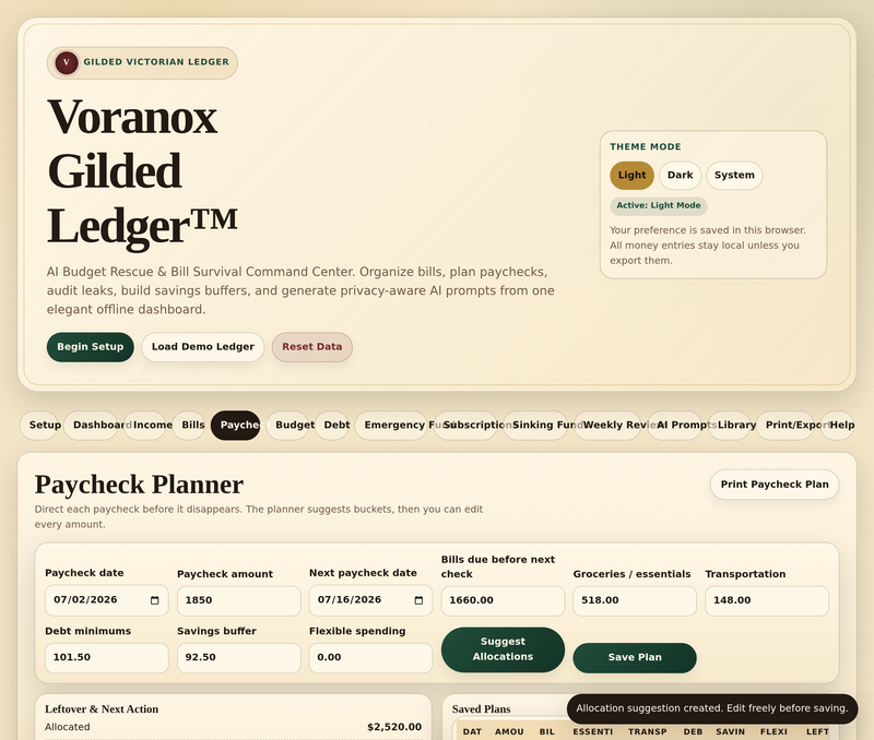 Paycheck planner with allocations
