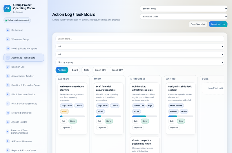 Group Project Operating Room — action log & task board