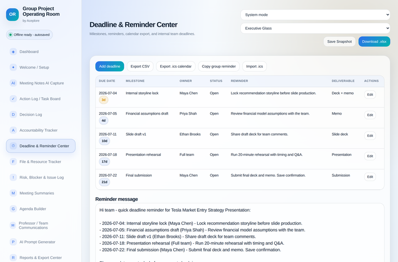 Group Project Operating Room — deadline & reminder center
