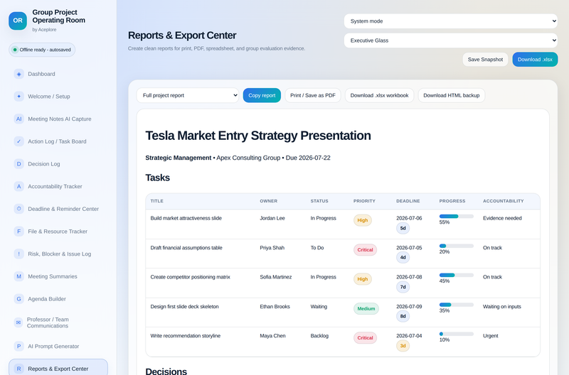 Group Project Operating Room — reports & export center