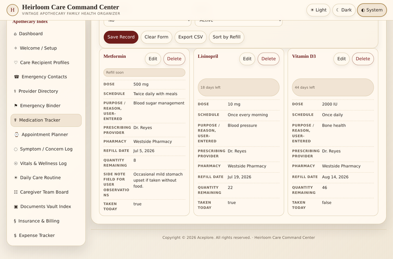 Heirloom Care Command Center — medication tracker