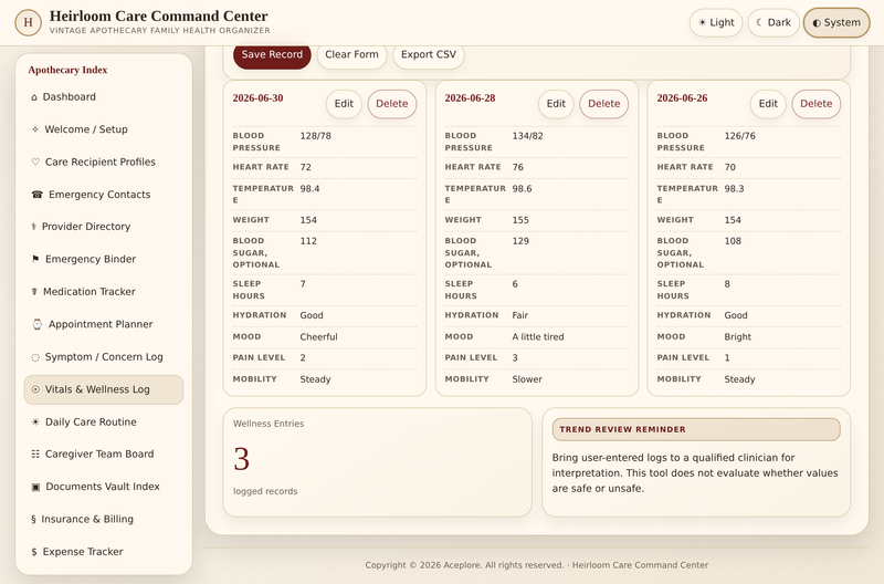 Heirloom Care Command Center — vitals & wellness log