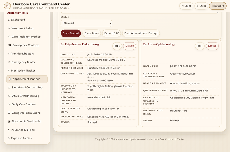 Heirloom Care Command Center — appointment planner