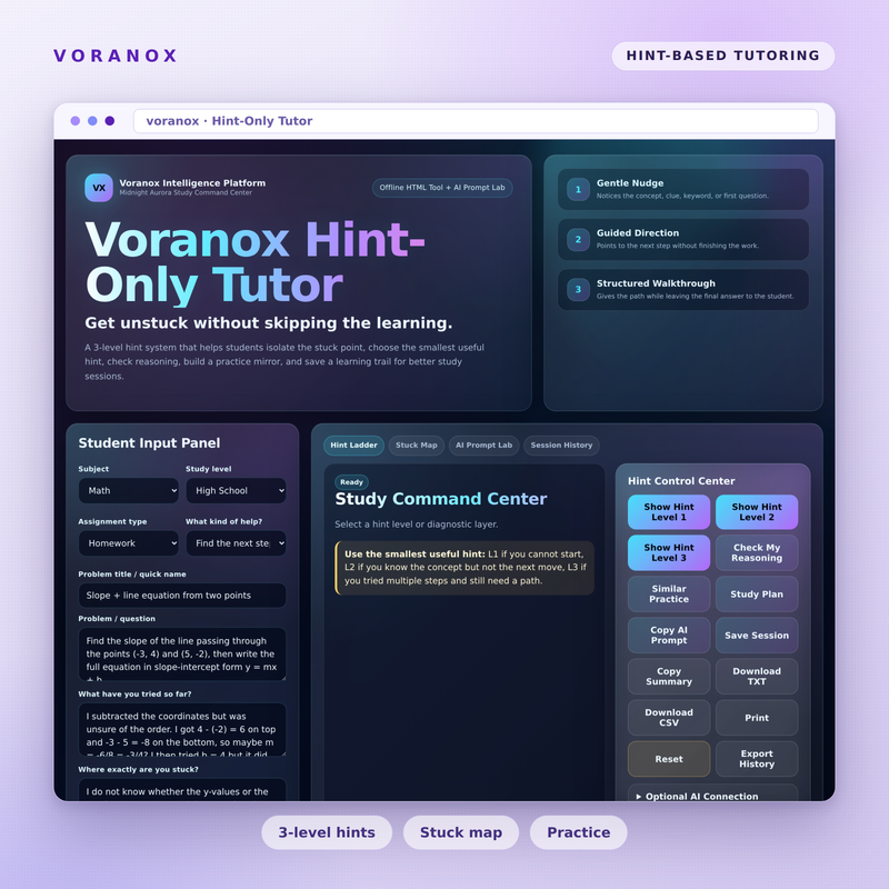 Voranox Hint-Only Tutor — study command center