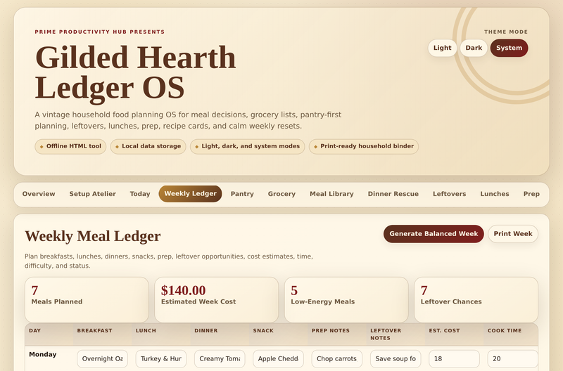 Gilded Hearth Ledger OS — weekly meal ledger