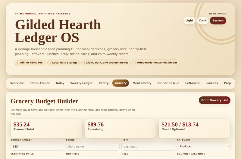 Gilded Hearth Ledger OS — grocery list & budget