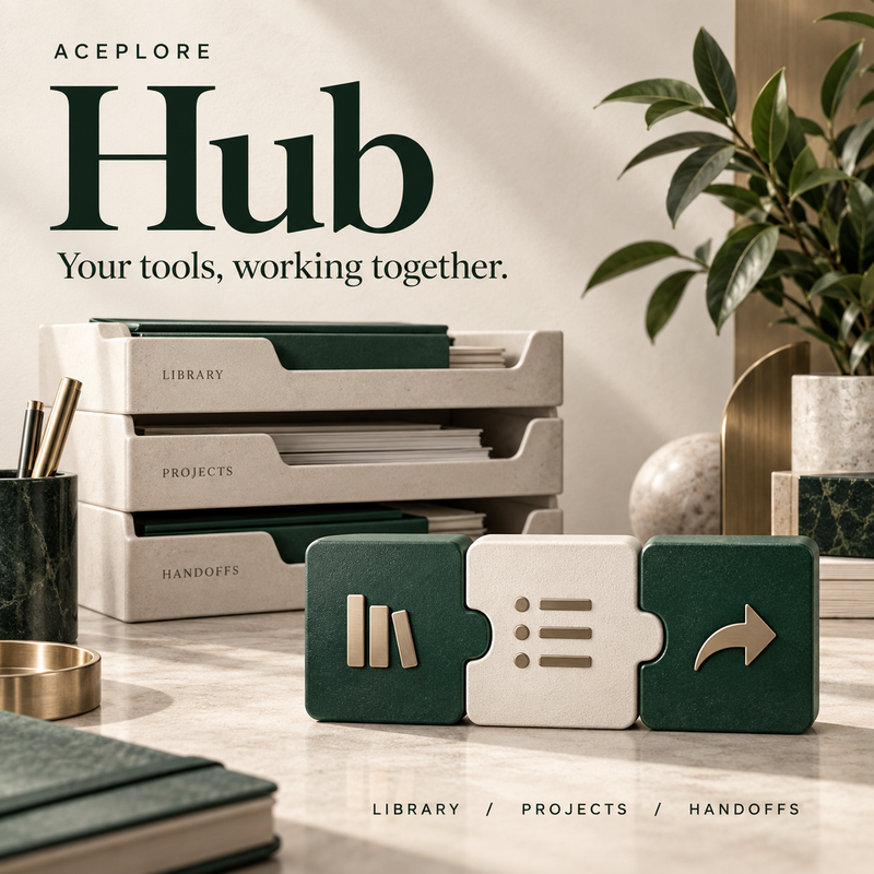 Aceplore Hub — your tools, working together. Emerald and ivory cover artwork.