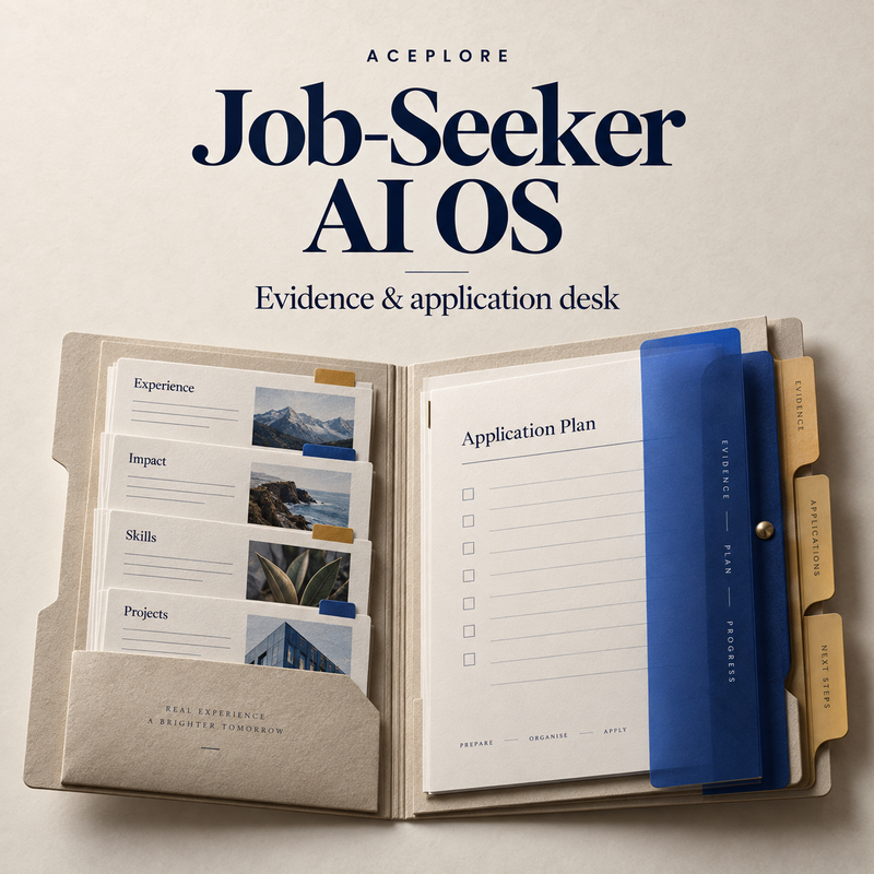 Job-Seeker AI OS — Evidence & application desk. Conceptual archival dossier and cobalt divider organize experience into an application plan; not an app screenshot.