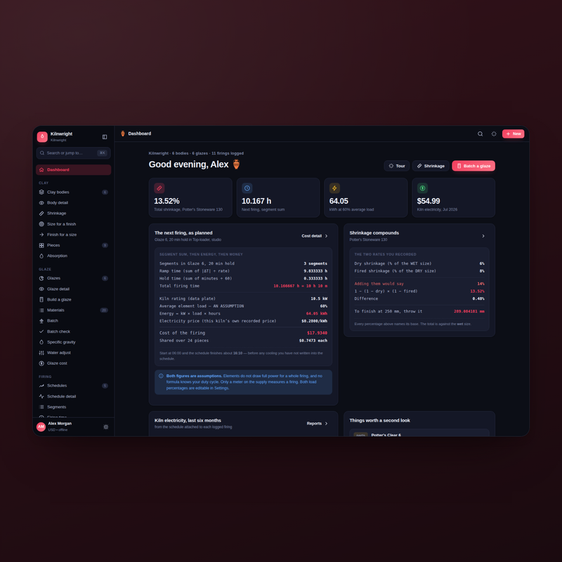 Kilnwright — dashboard, dark theme
