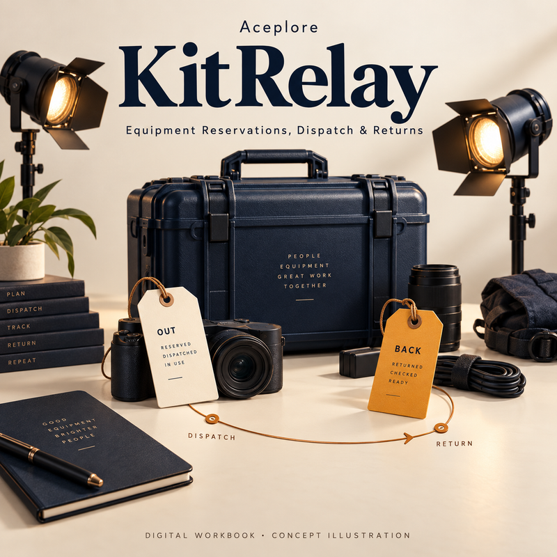 KitRelay digital workbook concept illustration: studio equipment with dispatch and return tags. Original artwork, not an Excel screenshot or physical product.
