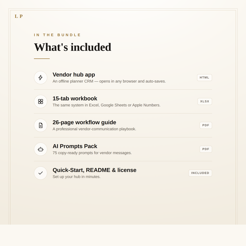 What's included: vendor hub app, 15-tab workbook, 26-page guide, 75 AI prompts, quick-start and license