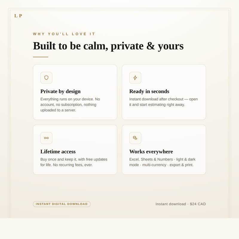 Why you'll love it: private by design, instant download, lifetime access, works everywhere