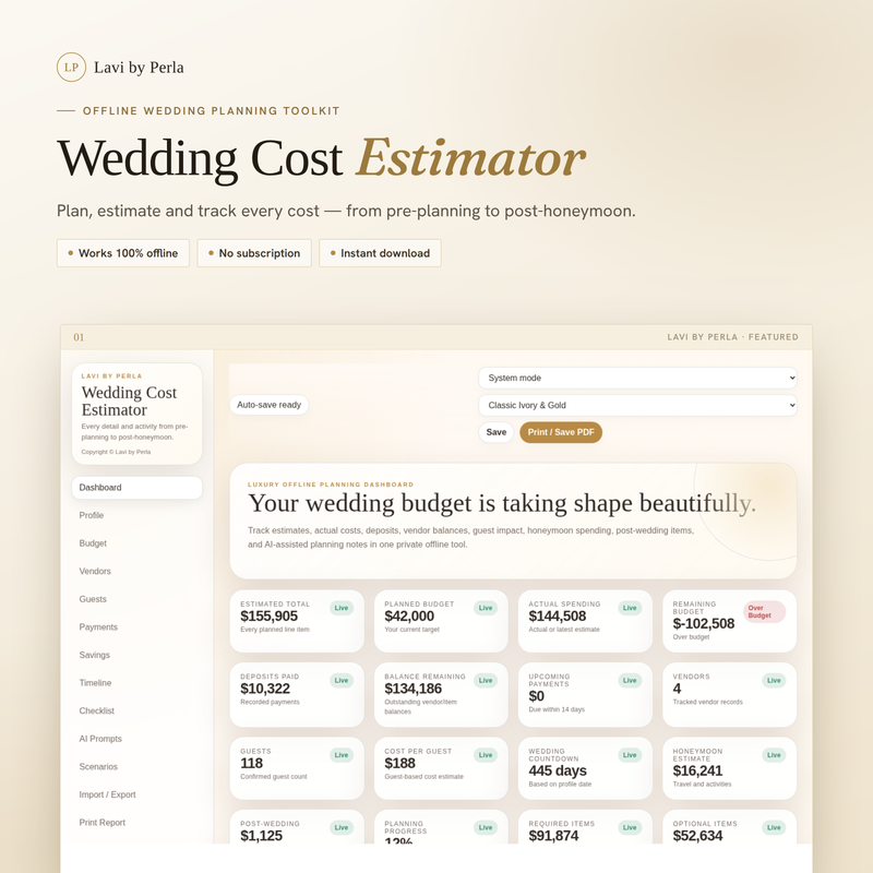 Wedding Cost Estimator by Lavi by Perla — app preview