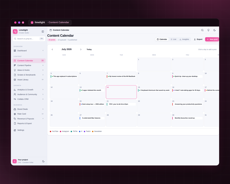 Limelight — Content calendar