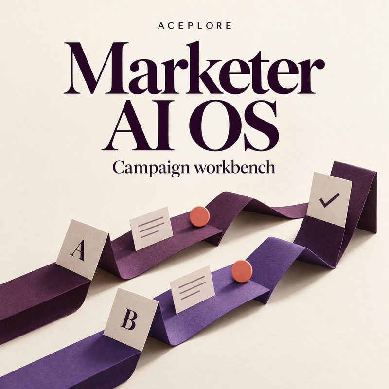Marketer AI OS — Campaign workbench. Conceptual ivory and aubergine cover with two paper paths representing considered campaign experiments.