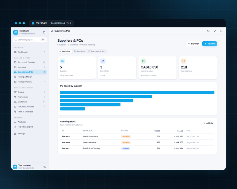 Merchant — Suppliers & POs