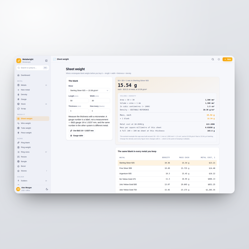 Metalwright — sheet weight