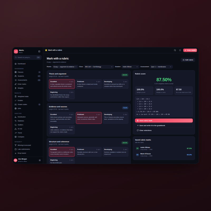 Marks rubric marking in dark mode: criterion-level marking from your own rubric library