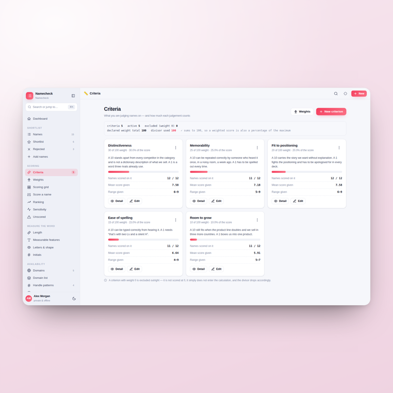 Namecheck — criteria