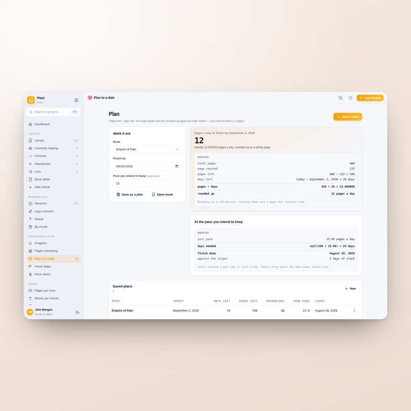 Plan: pages a day to hit a date, with the exact quotient and the rounded-up figure