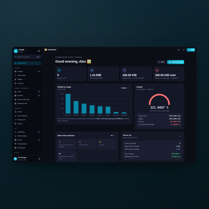 Pixelfit dashboard in dark mode