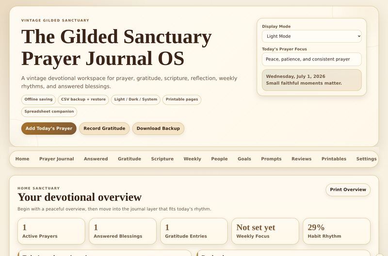 The Gilded Sanctuary Prayer Journal OS — devotional dashboard